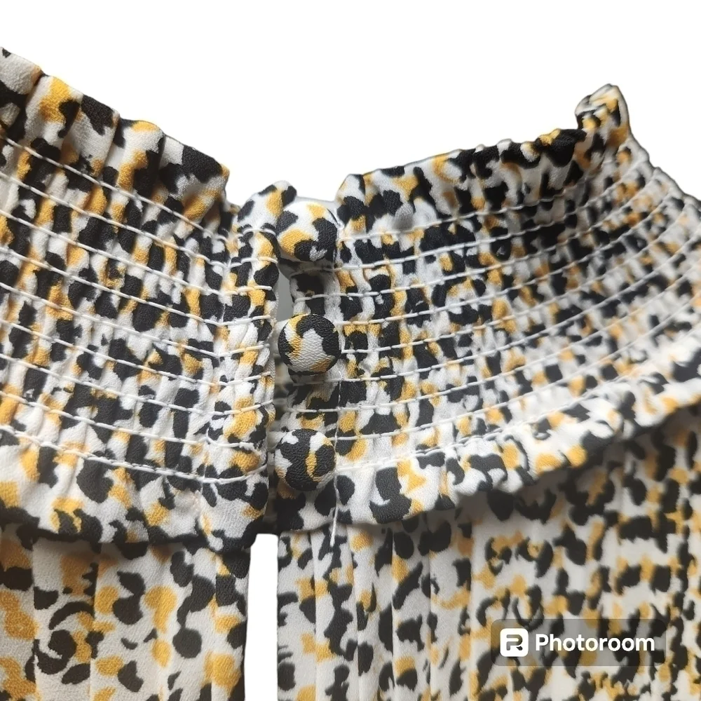 Nanette Lepore Animal Print Smocked Neck And Waist Pleated MidiDress Sz. 12